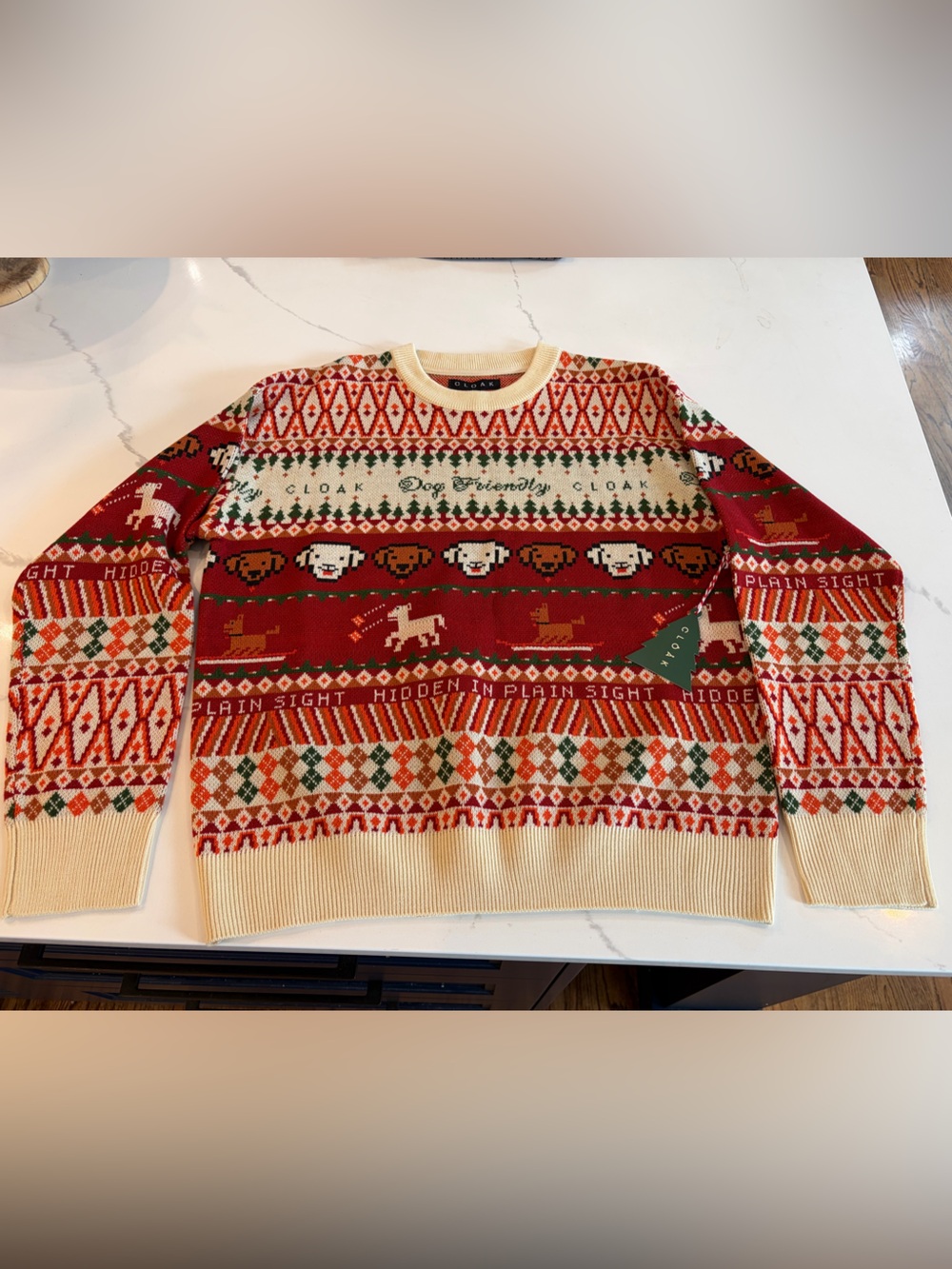 OAK Red & Green Fair Isle Holiday Sweater with Orange Accents
